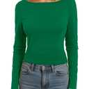 Dwnval Womens Cute Boat Neck Long Sleeve Crop Tops Soft Ribbed Knited Cropped Tees (Green, S) (S)