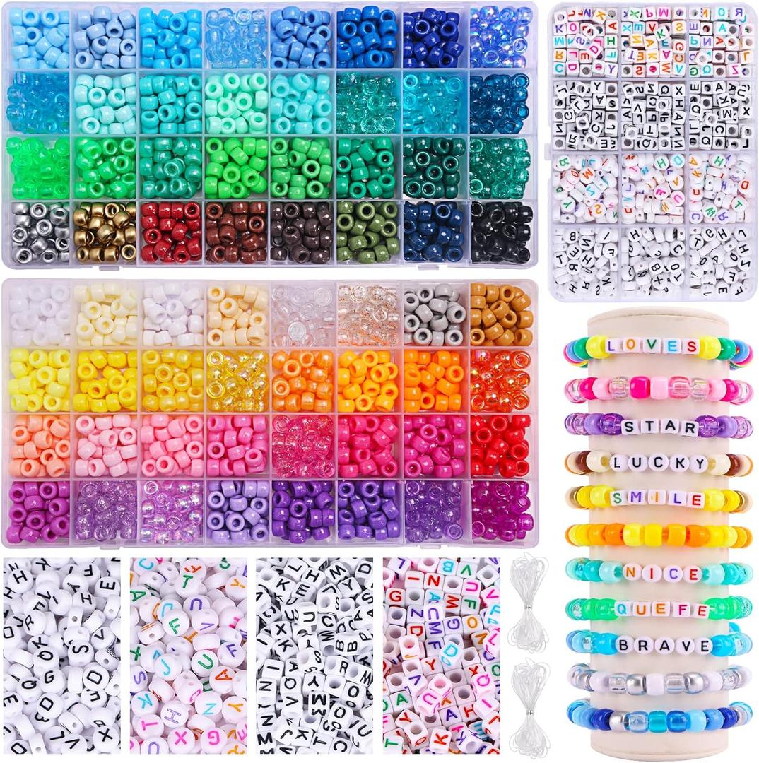 QUEFE 2350pcs, 64 Colors, Pony Beads for Bracelet Making Kit, Rainbow Kandi Beads Friendship Bracelet Kit, Letter Beads and Elastic Strings for Bracelet Necklace Making, Craft Gifts Set for Girls