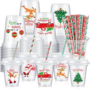 Boao 36 Sets Christmas Plastic Cups with Lids and Paper Straws 14 oz Retro Christmas Party Supplies Favors Decorations Xmas Ice Coffee Disposable Clear Plastic Cups Bulk Xmas Party Favors