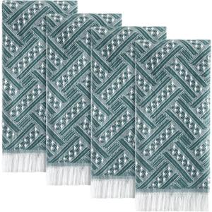 4 Pack Boho Bathroom Hand Towel 14 x 30 Inch 100% Turkish Cotton Decorative Boho Kitchen Hand Towel Farmhouse Bathroom Decor Set Absorbent Soft Guest Tea Gift (Green,white)