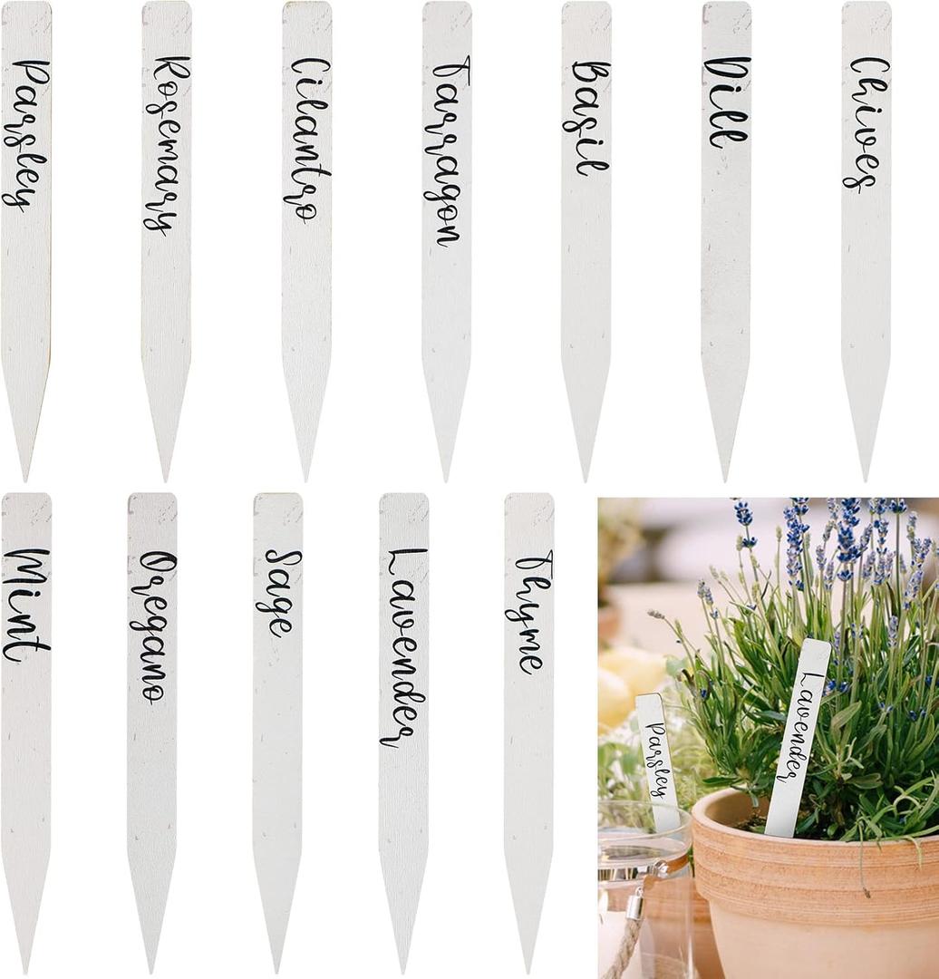 Amyhill 12 Pcs Wood Herb Plant Label Signs Garden Herb Markers Waterproof Plant Stakes Tags with Names for Nursery Outdoor Indoor Seed Potted Gardens Farmhouse Decor