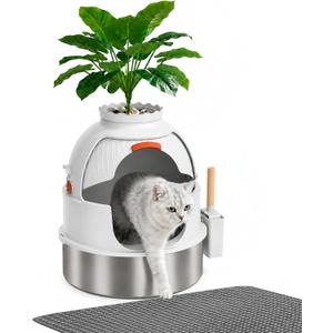 Gimars Hidden Litter Box with Faux Plant, Stainless Steel Litter Box Enclosure, 18.9" L x 18.9" W x 21.7" H Decorative Cat Litter Box Furniture, Odor Control, Easy to Clean