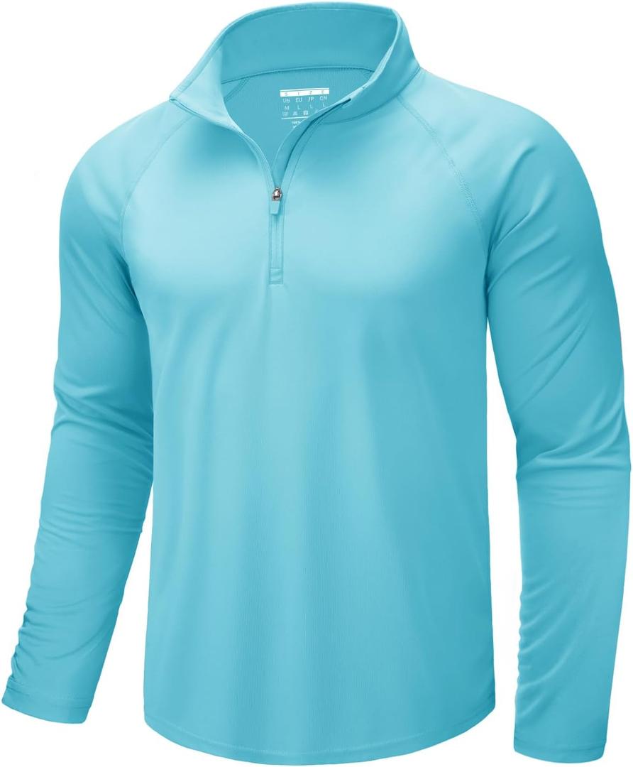 CRYSULLY Men's Long Sleeve 1/4 Zip Shirts Sun Protection Pullover UPF 50+ Rash Guard Running Lightweight T Shirt (Large, Ice Blue)