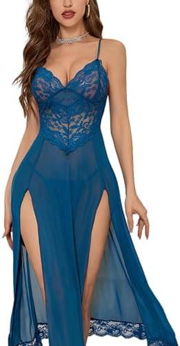 Foxiny Sexy Split Mesh Lace Floral Sheer Babydoll Lingerie Outfit Dress 2 Piece with Thong Set, L