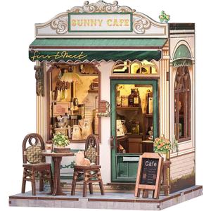 CUTEBEE Book Nook Kit - DIY Miniature House Dollhouse Kit for Adult and Teens, Booknook Bookshelf Decor Alley Model Build with LED Light, Gifts for Family and Friends (Sunny Cafe)
