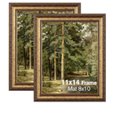 11x14 Gold Picture Frame, 2 Pack Ornate Vintage Picture Frames for Wall or Tabletop Display, 11 x 14 Photo Frame Gold with Real Glass, Display Poster 8x10 with Mat or 11x14 without Mat for Antique Déco
