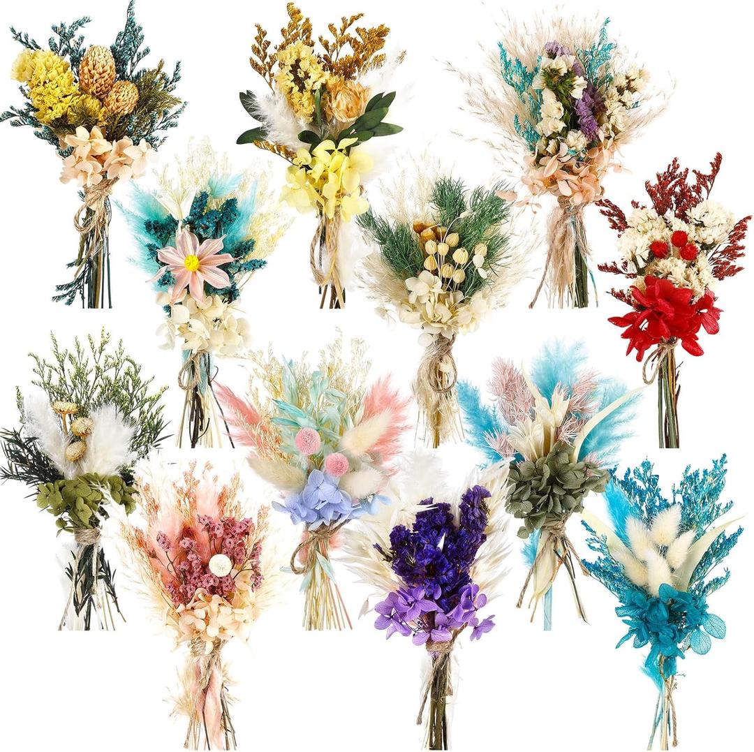 Layhit 12 Pcs Boho Dried Flower Bouquet Mini Wedding Handmade Dry Flowers Decor for Vase Crafts DIY Photo Boutonniere for Men Floral Plant for Bridesmaid Gift Birthday Decor(Hydrangea)