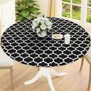 Smiry Round Picnic Tablecloth, Waterproof Elastic Fitted Table Covers for 36" - 44" Tables, Wipeable Flannel Backed Vinyl Tablecloths for Camping, Indoor, Outdoor, Black & White