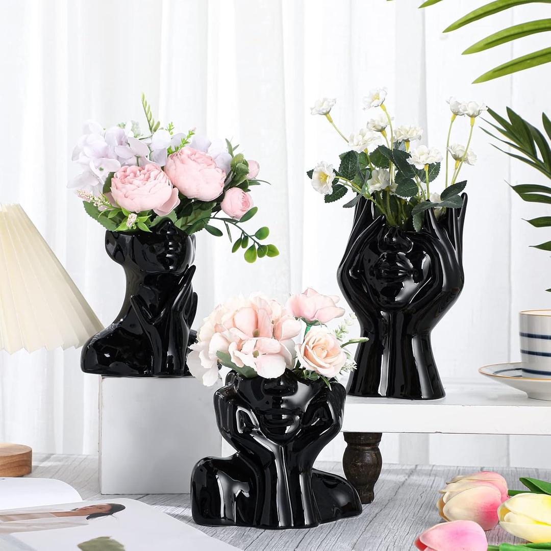 Sieral 3 Pcs Ceramic Face Vase Female Form Flower Modern Body Vase for Decor with Head Half Body Bust Centerpiece for Table Shelf Home Bedroom Room Office(Small,Black)