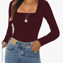 Womens Long Sleeve Shirts 2025 Sexy Ruched Square Neck Tops Trendy Double Lined Fitted Top Blouses Outfits Size S