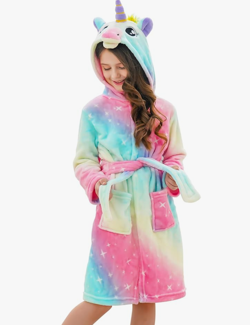 Doctor Unicorn Girls Fleece Hooded Robe Toddler Warm Fuzzy Bathrobe 7-9Y