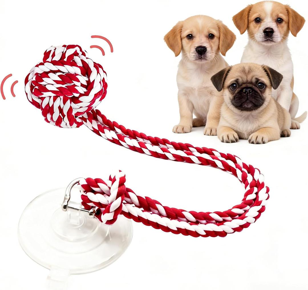 Interactive Dog Toy with Suction Cup, Rope Ball & Built-in Bell, Red White | Tug-of-War Interactive Play|Supports Puppy Teething & Healthy Chewing|Designed for Small Dogs|Solo Indoor Enrichment Toy