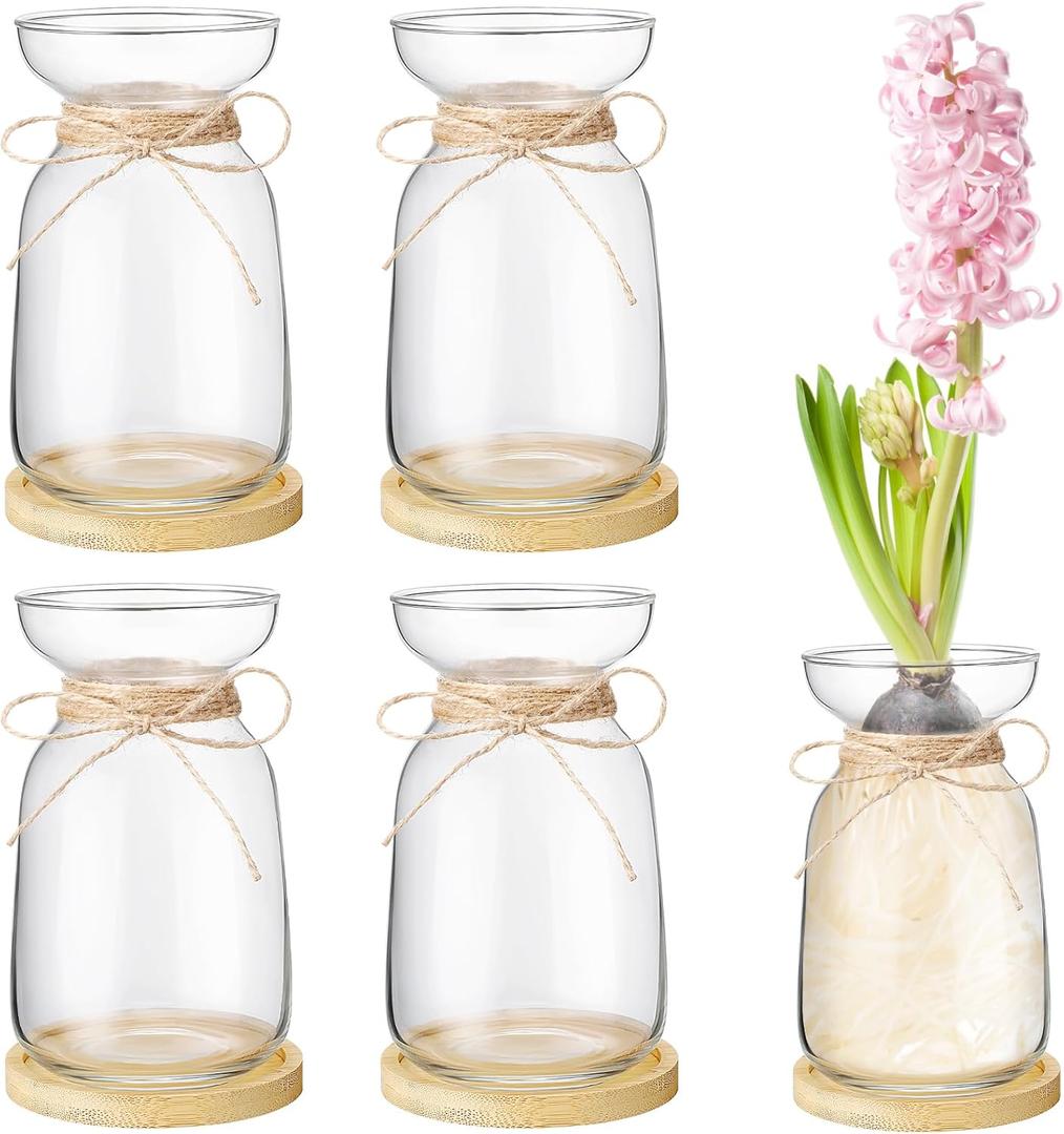 4 Sets Hyacinth Glass Vase with Bamboo Coaster Rope Hyacinth Avocado Growing Bud Vase Decorative Glass Flower Vases for Centerpieces Bulb Forcing Plant Containers Home Office Table Decoration
