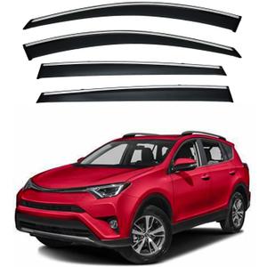 4pcs Smoke Tint with Chrome Trim Outside Mount Tape On/Clip On Style PVC Sun Rain Guard Vent Window Visors Compatible with 2013-2018 RAV4 RAV-4