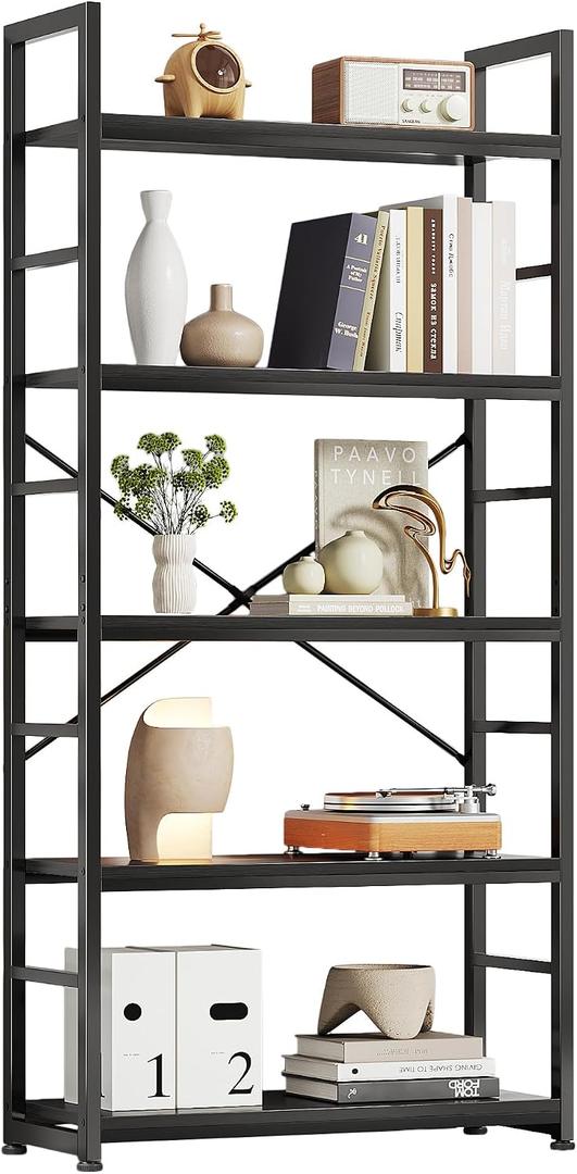 VERMESS 32 Inch Industrial Book Shelf, 5-Tier Display Bookshelf for Living Room Bedroom, Shelving Unit Wood Bookcase with Open Shelves, Metal Frame, Black, Standard