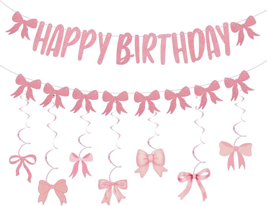 Pink Bow Birthday Banner - 36" x 2.5" - 23 Pieces - Includes 1 Banner, 7 Swirl Hanging Ropes, 15 Bows - Perfect for Indoor Birthday Parties