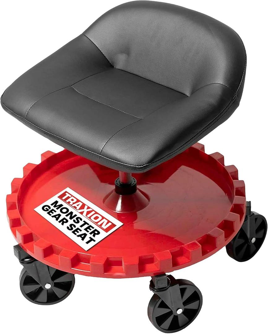 Traxion 2-230 Monster Rolling Padded Mechanic Stool Seat Garage Shop Roller Work Chair with Wheels and Tool Tray, Heavy-Duty 400-lb Capacity, All-Terrain 5" Casters, Black Red