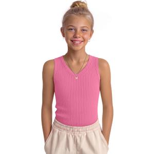 Girls' Tank Tops Sleeveless Shirts | Ribbed Knit, V Neck, Slim Fit, Summer, Casual, Basic Undershirts, Cute, for Kids 5-14Y, Teen, Solid Color, Back to School
