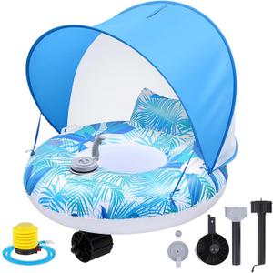 Motorized Pool Float with Canopy for Adults, Electric Inflatable Pool Lounger with Motor, Floating Chair Tube with Pusher Handles, Cupholder, Foot Pump for Summer Party, Beach, Lake, Calm Water