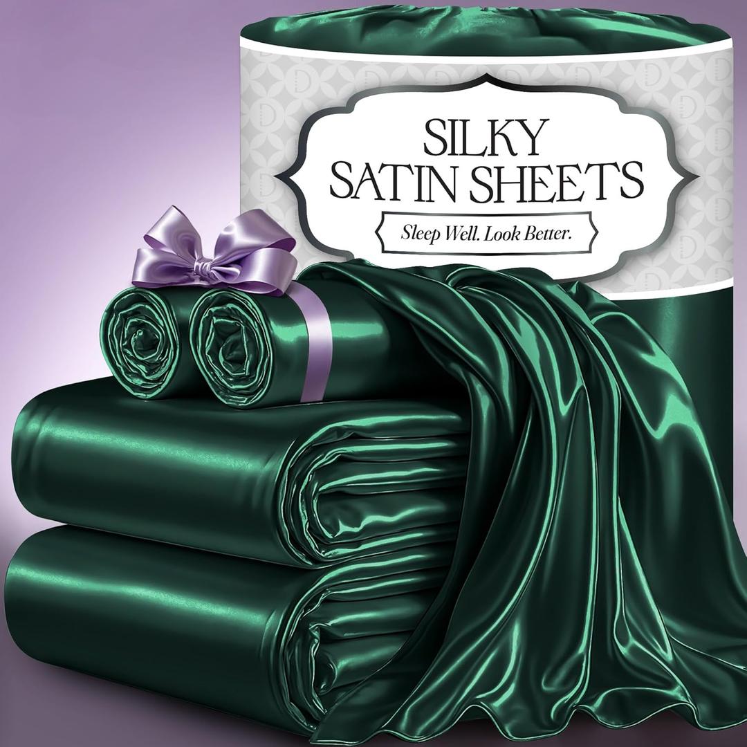 DECOLURE Satin Bed Sheets - 4 Piece Luxury Silky Queen Size Bedding Set - Softer Than Silk, Wrinkle-Free with 15 Deep Pocket Fitted Sheet, Perfect for Hair & Skin, Gifts for Women (Dark Green)