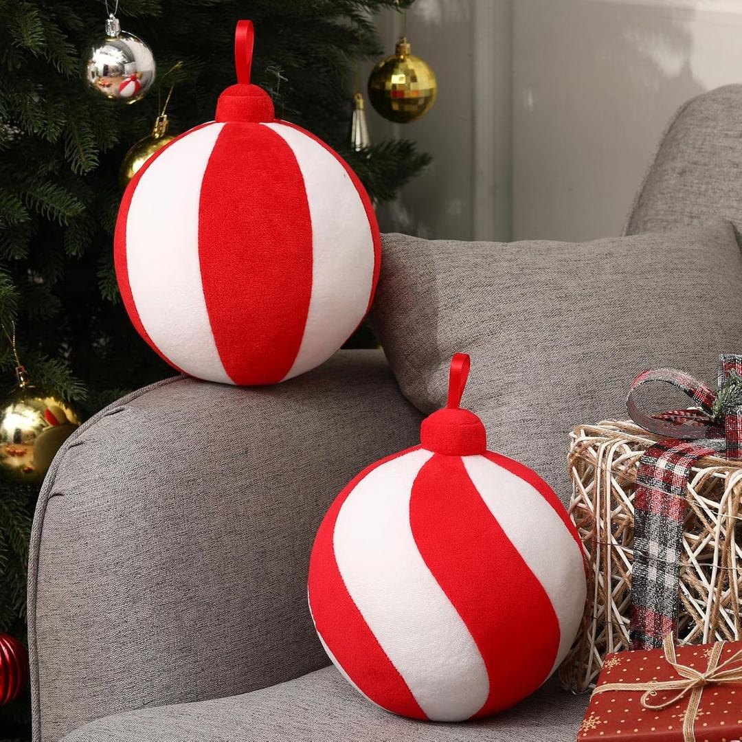 2 Pcs Christmas Pillows 7 Inch Round Christmas Ornament Shaped Throw Pillow Cute 3D Ball Xmas Throw Cushion Decoration for Bed Couch Sofa Chair Living Room (Red and White)
