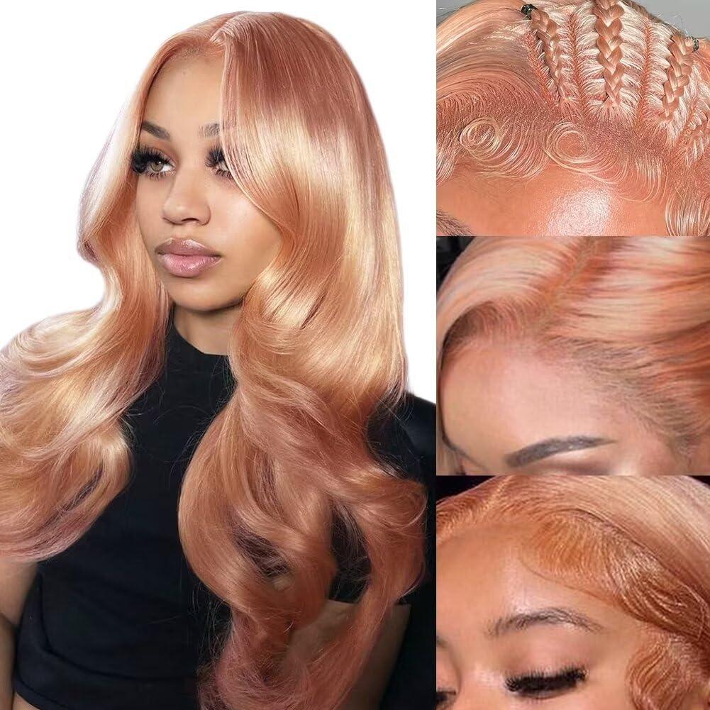SFD Pink Blonde Lace Front Wig Human Hair 13x4 HD Lace Rose Gold wigs Pre Plucked Peachy Blonde Colored Wig Human Hair For Women 150% Density Pink Body Wave Lace Front Wigs 24 Inch