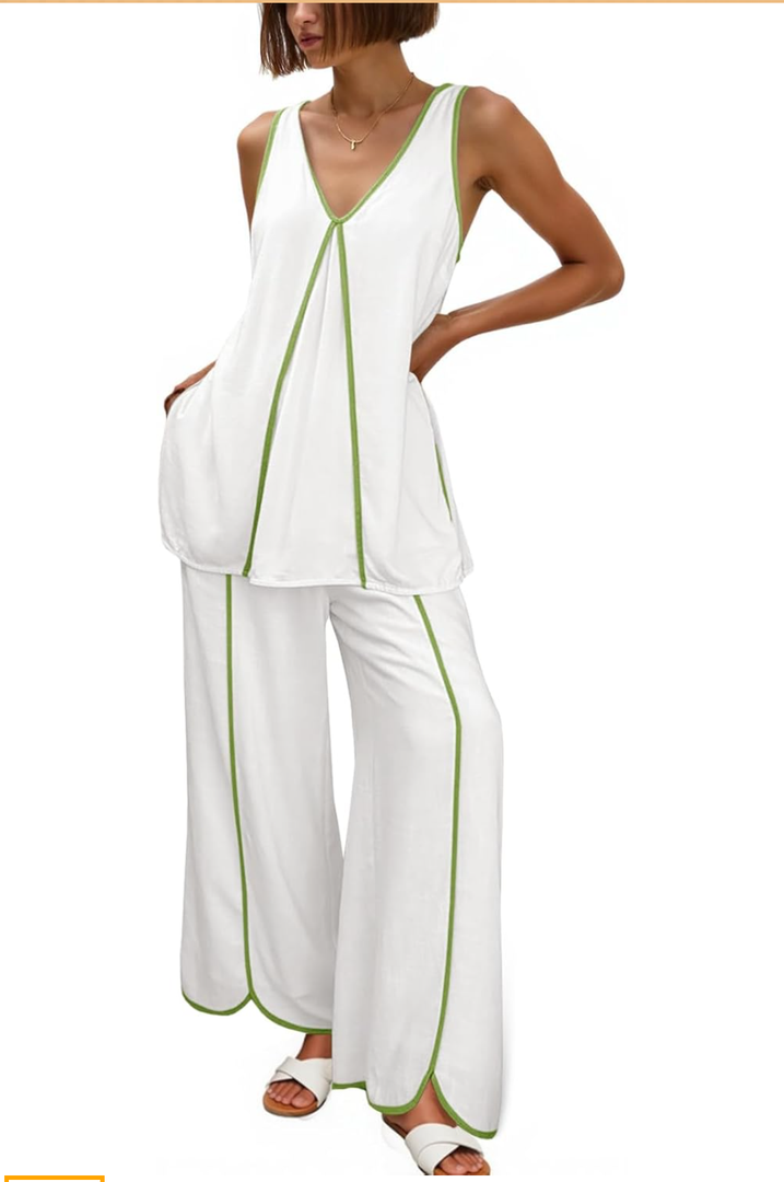 Cicy Bell Womens Summer Lounge Sets V Neck Sleeveless Tunic Tops Pajamas Sets Comfy Loungwear Wide Leg Pants 2 Piece Outfits, Medium, White 