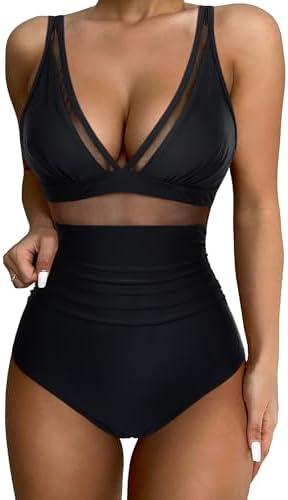 SUUKSESS Women Sexy Mesh Tummy Control Swimsuit Push Up High Waisted Bathing Suit, Medium