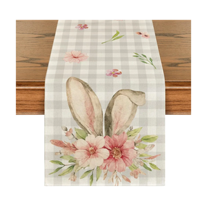 Artoid Mode Buffalo Plaid Bunny Rabbit Ears Flower Easter Table Runner, Spring Summer Seasonal Holiday Kitchen Dining Table Decoration for Indoor Outdoor Home Party Decor 13 x 72 Inch