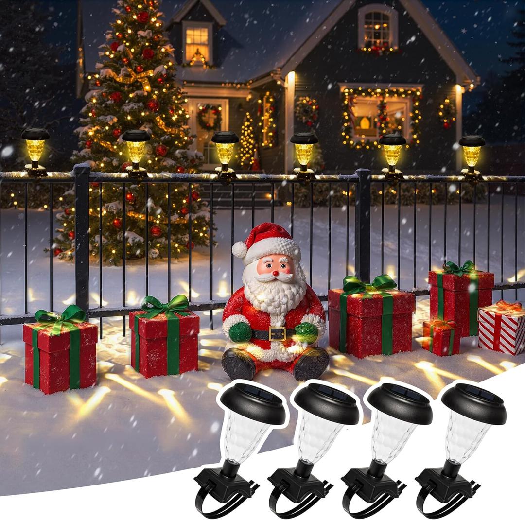 Solar Christmas Fence Lights Outdoor Decor, Waterproof Patio Lights with Warm White Color for Holiday & Halloween Decor, for Fence, Trampoline, Stairs, Yard, Pathway, 4 Pack