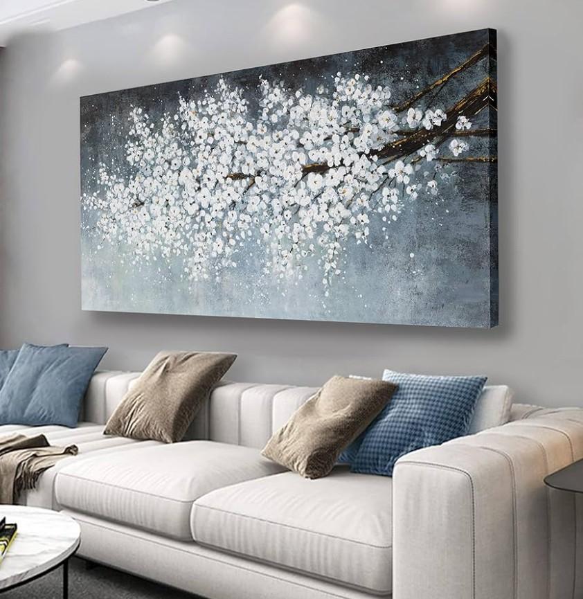 Belmrxne Large Floral Wall Art White and Black Wall Decor Aesthetic Paintings Trendy Artwork Modern Canvas Painting for Living Room Bedroom Dining Room Office Home Decor 30x60 inch