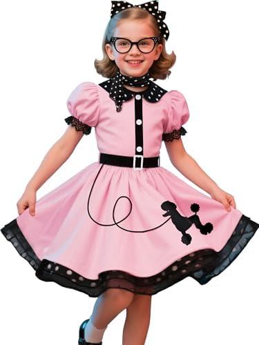 Nuehoryu 50s Costumes for Girls 50s Poodle Dress with Polka-Dot Printed Scarf for Kids Halloween Costume, Small