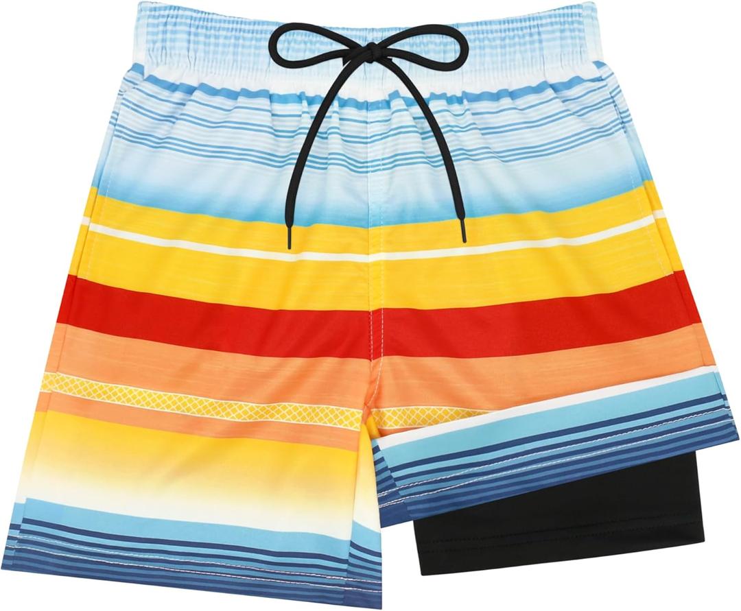 Sarfel Boys Swim Trunks with Compression Liner Kids Swimsuits Boys Bathing Suit Kids Board Shorts Teen Boy Quick Dry Shorts (10-12 Years, Blue Red Orange Stripes)