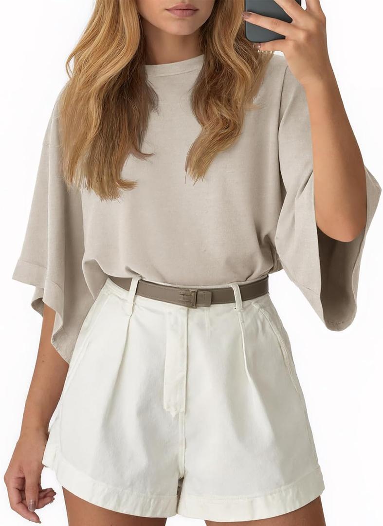 Tankaneo Womens Oversized Batwing Short Sleeve T Shirts Summer Casual Round Neck Tunic Tops Loose Fit Basic Tees Khaki (XXL)