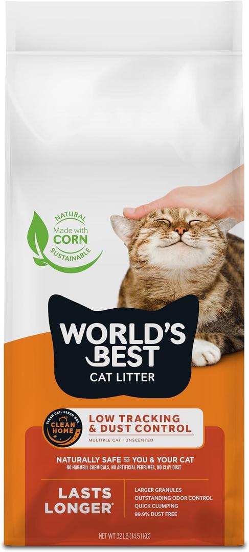 WORLD'S BEST CAT LITTER Low Tracking & Dust Control Multiple Cat Unscented 32-Pounds - Natural Ingredients, Quick Clumping, Flushable & Made in USA - Long-Lasting Odor Control & Easy Scooping