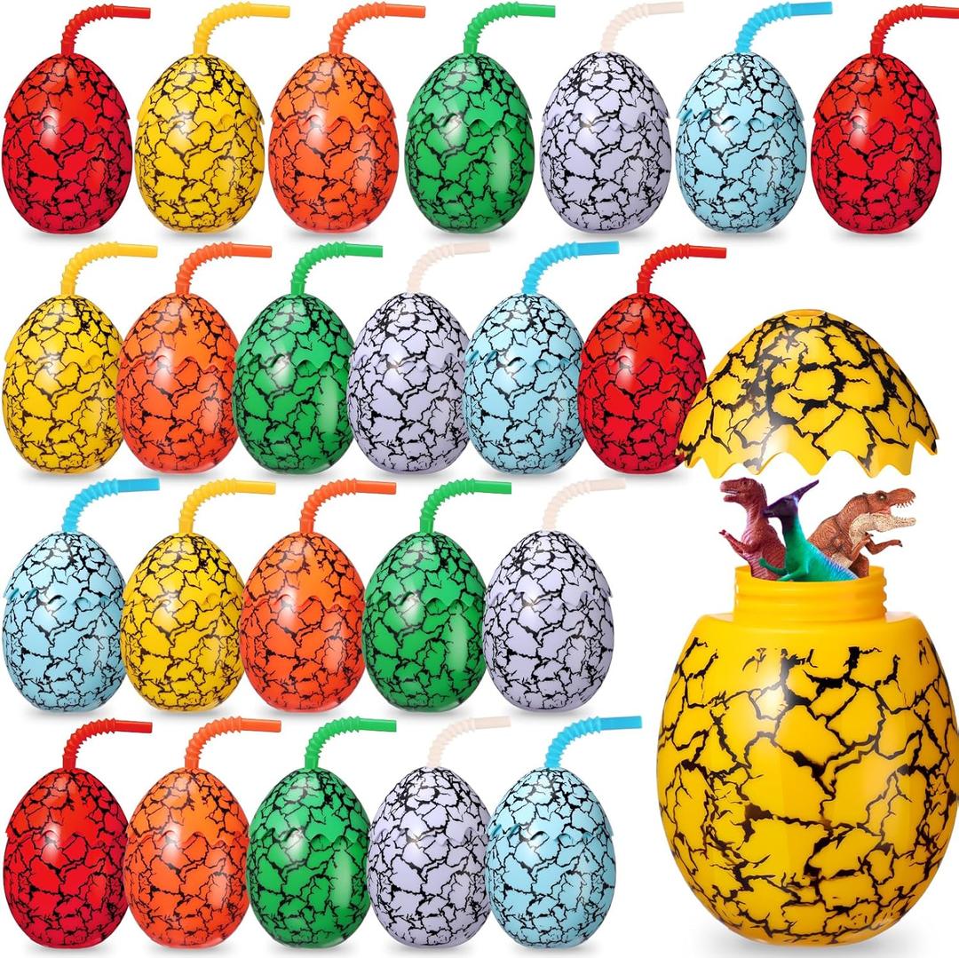 Maxcheck 24 Set Dinosaur Party Favor Cups with Lids and Straws Dino Cups for Kids 10 oz Crack Dinosaur Egg Bottles for Dino Theme Birthday Party Supplies Decorations