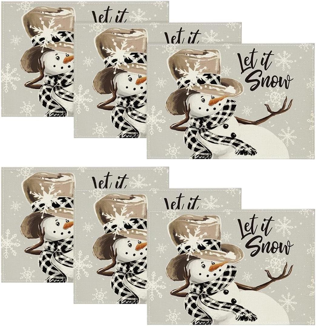 Artoid Mode Grey Snowman Snowflakes Let it Snow Winter Placemats Set of 6, 12x18 Inch Seasonal Christmas Table Mats for Party Kitchen Dining Decoration (Silver)