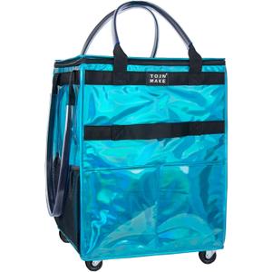 Reusable Grocery Bag On Wheels, Shopping Trolley, Rolling Tote with 8 Pockets and Zipper Cover, Foldable, Heavy Duty Handles, Carries Up to 46 LBS (Medium, Glitter Blue)