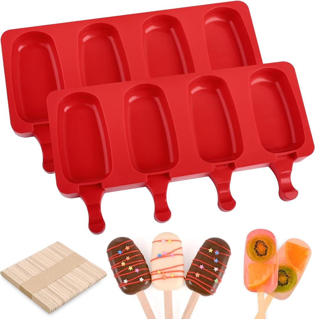 WMKGG Popsicle Silicone Molds Set, 2 PCS Ice Cream Molds with 50 Wooden Sticks for Cake Pop, Ice Pop, Cakesicles (Standard Size/Red)