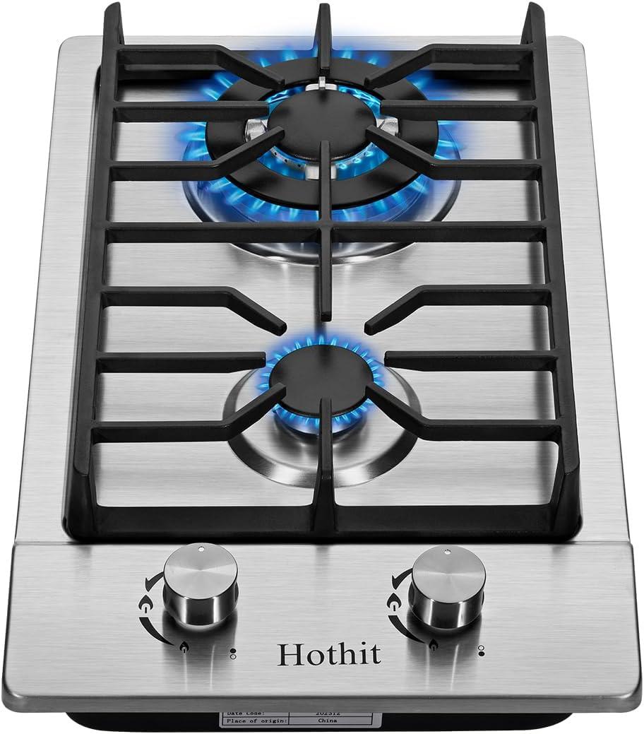 2 Burner Propane Gas Cooktop, 12" Inch LPG/NG Dual Fuel Built-in Gas Stove Top With Thermocouple, Stainless Steel Electronic Ignition Gas Hob AHT12IN20S-SD (Silver)