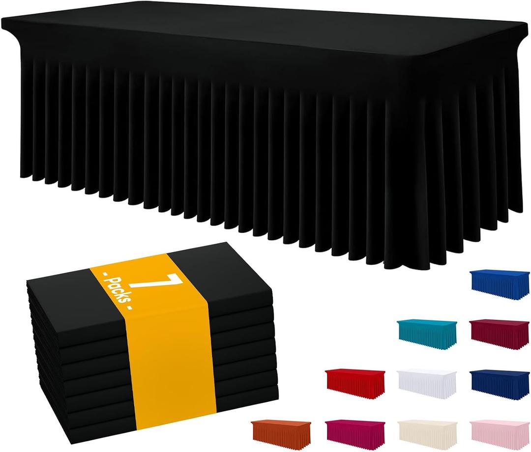 Smiry 7 Pack Spandex Elastic Fitted Table Cloth Skirt for 6FT Table | Stretch Washable Table Cloth, Banquet Table Cover for Wedding, Party, Indoor & Trade Shows, (Black, 72Lx30Wx30H)