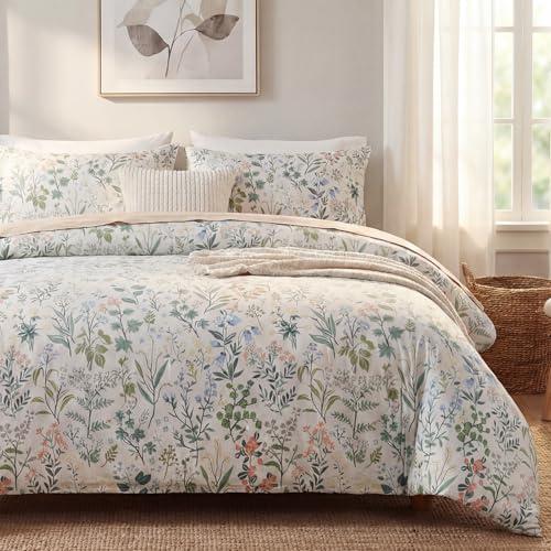 Cozaline Duvet Cover Queen Size 100% Cotton Comforter Cover Green Floral Breathable Duvet Cover with Zipper Closure & Corner Ties 3 Pcs Green Fragrant Grass Duvet Cover Set