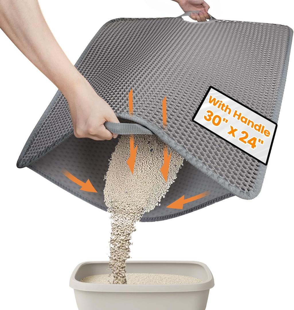 Cat Litter Mat-30"X24" Jumbo Litter Trapping Mat EVA Honeycomb,Urine & Waterproof Scatter Control Matt for Cat With Handle Design Easier To Clean, Less Waste, Soft On Paws, Gray