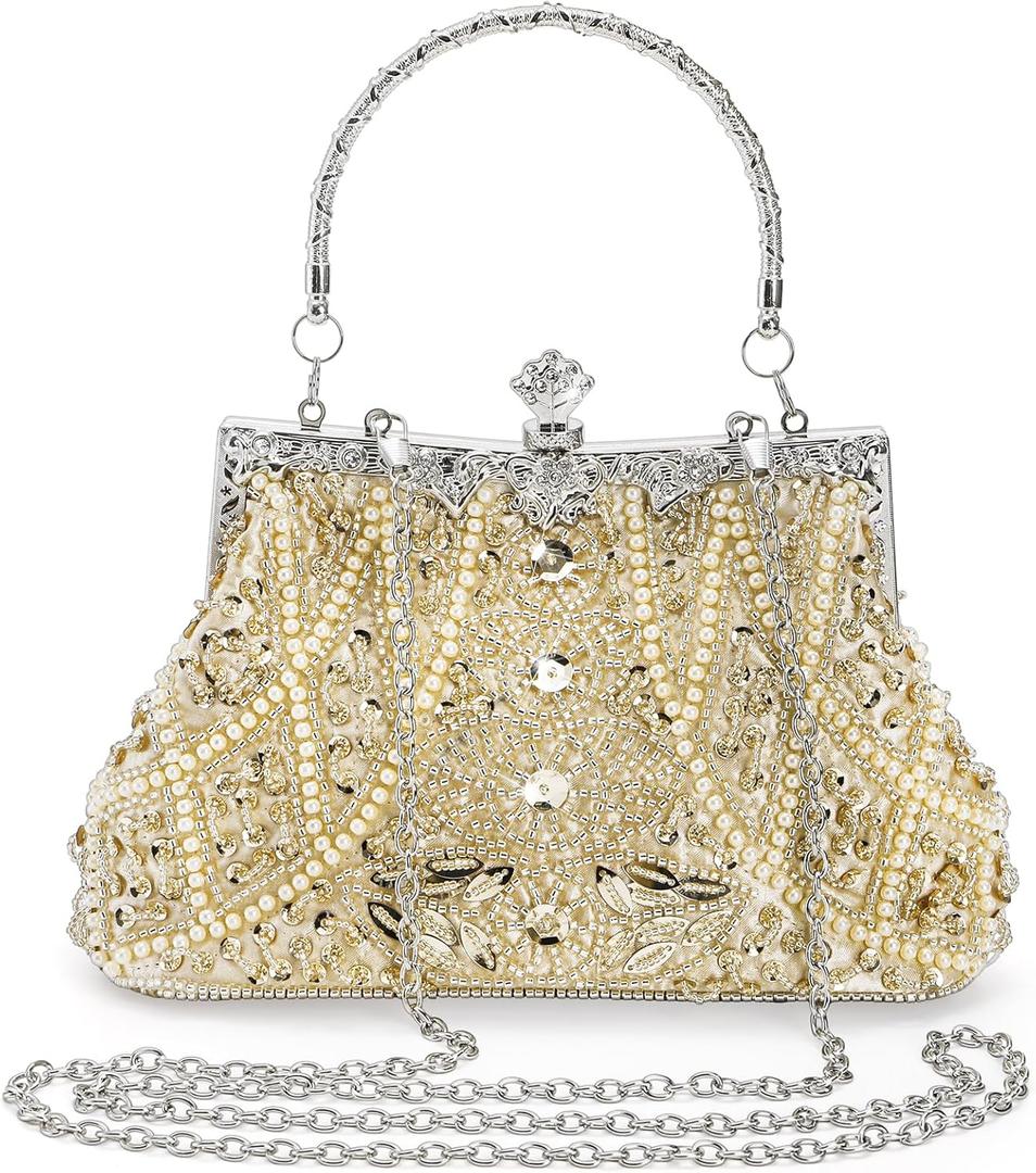 1920s Vintage Evening Bag, Champagne Beaded Clutch Purse for Woman, Elegant Rhinestone Clutch Crossbody Bag with Sequin Pearl, Evening Handbag Shoulder for Formal Bridal Wedding Party Prom