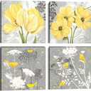 Wall HDQ Yellow Gray Picture Wall Art for Bathroom Wall Decor Flowers Canvas Prints Framed 4 Panels (16 x 16 in (4 Piece))