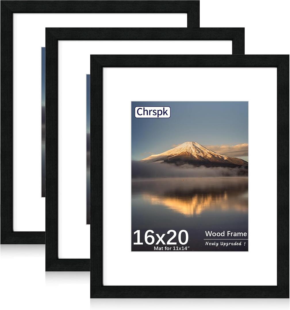 16x20 Poster Frame, Display Pictures 11X14 with Mat or 16x20 Without, Wall Hanging Frames, Black, 3 Pack