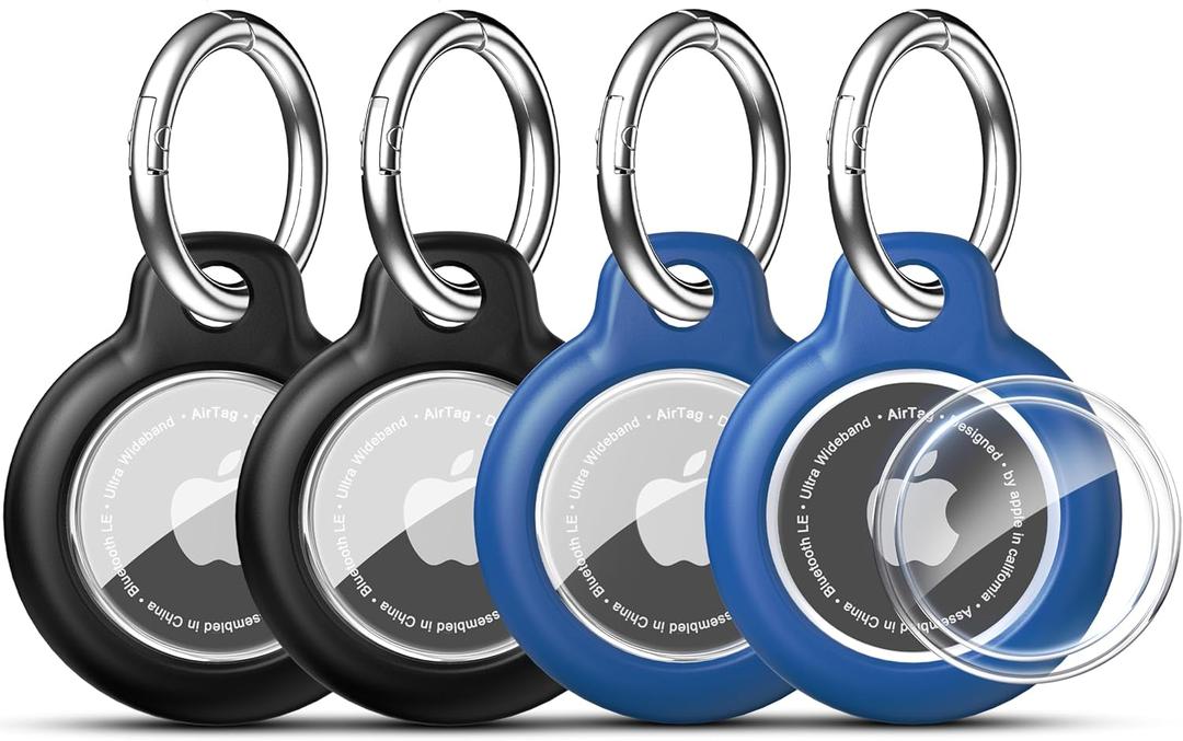 RFUNGUANGO Apple AirTag Holder with Key Ring 4 Pack AirTag Case, Hard Protective AirTag Case for Kid, Pet, Luggage, Backpack, Key - (Black-2P,Blue-2P)