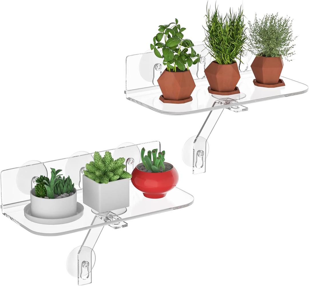 Clear Acrylic Windows Plant Shelves, 12 Inch Window Plant Stand with Legs, No Need Drilling Indoor Windows Suction Cup Shelf Wall Shelf for Plants, Home Dcor, Toiletries(2 Pack)