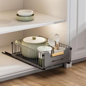 Pull Out Cabinet Organizer, Slide Out Drawers for Cabinets, Peel and Stick, Heavy Duty Shelves for Kitchen, Cupboard, Pantry, Bathroom, Short - Gray