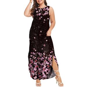 Wolddress Womens 2026 Plus Size Sleeveless Tank Dress Casual Loose Sundress Split Summer Beach Long Maxi Dresses with Pockets (Black, XL)